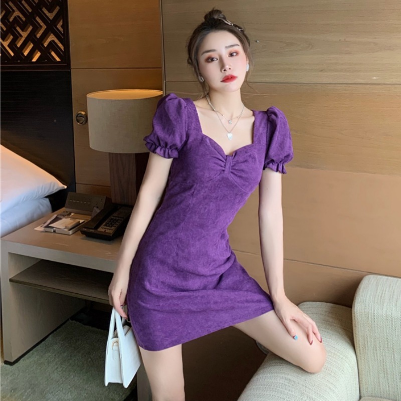 Dresses Summer Retro Fashion Chic Temperament Square Neck Puff Sleeve Wrap Hip Purple Dress Women Mini Vestido De Mujer Sexy 210429