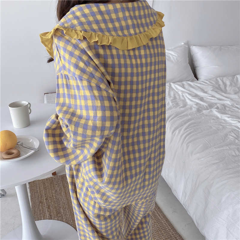 Mozuleva Pyjamas Women Soft Cotton Home Wear Autumn Winter Pijama Female Pants Suit Lapel Plaid Pajamas Set Sleepwear 210706