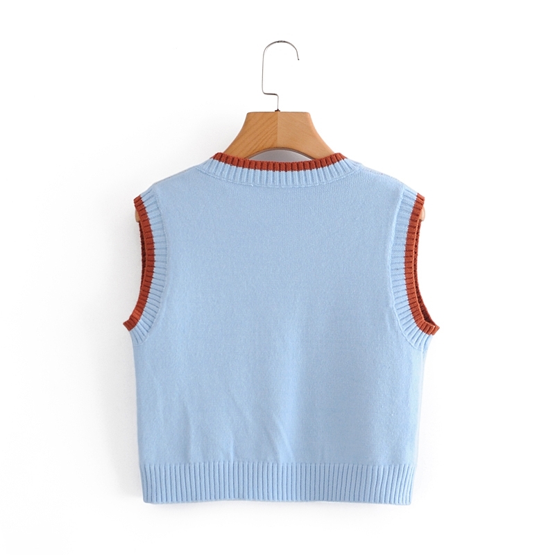 Preppy Style Sky blue Plaid Knitted Sweater Vest Women 90's Vintage Korean Clothing Striped V Neck Tank Top Y2K Knitwear 210429