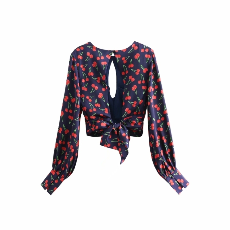 Summer Women Cherry Print Hollow Decoration Short Blouse Female Long Sleeve Shirt Casual Lady Crop Tops Blusas S8755 210430