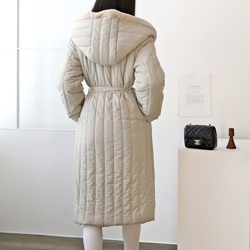 Winter Korean Thicken Faux Mink Hooded Women Long Coat Full Sleeve Belted Warm Fashion Elegant Ladies Parka Outercoat 210514