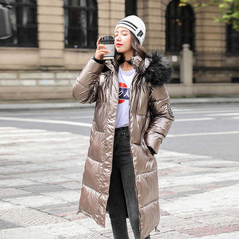 Faux Fur Hooded Winter Jacket Women Long Parka Thicken Warm Ladies Puffer Coat Women Warm Glossy Parkas Mujer Casaco Jacket 210528