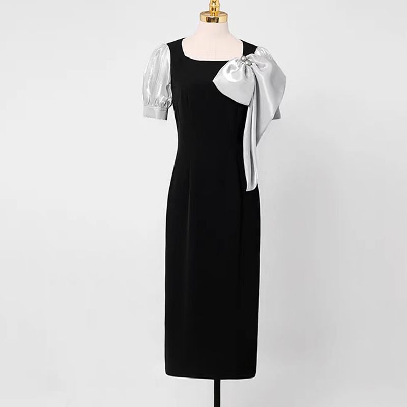 Office Pencil Eleagnt Bow Dress For Ladies Elegant Vintage Square Collar Summer Lantern Sleeve Slim Fashion 210421