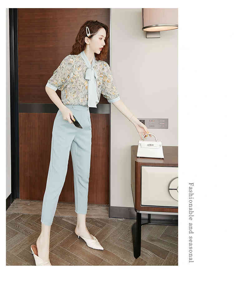 Women Summer Sweet Flowers Print Chiffon Bow Tie Shirt Top + High Waist Long Trousers Female 2 Piece Set Office OL Outfits 210518