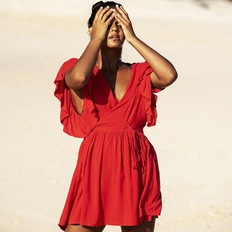 Sexy Plunging Neck Butterfly Sleeve Summer Beach Dress Women Beachwear Red Cover-ups Cotton Tunic Swim Suit Cover Up #Q733 210420