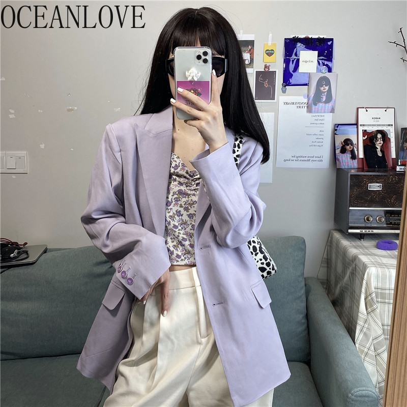 Spring Women Purple Thin OL Elegant Korean Chic Blazer Feminino Sweet Solid Coat Vintage 16213 210415