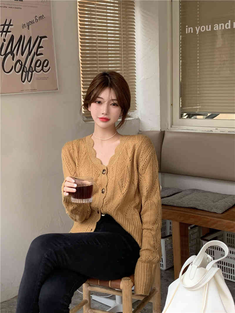 2 colors autumn korean style V neck hollow out thin knittd cardigans womens sweaters womens (R99388) 210423