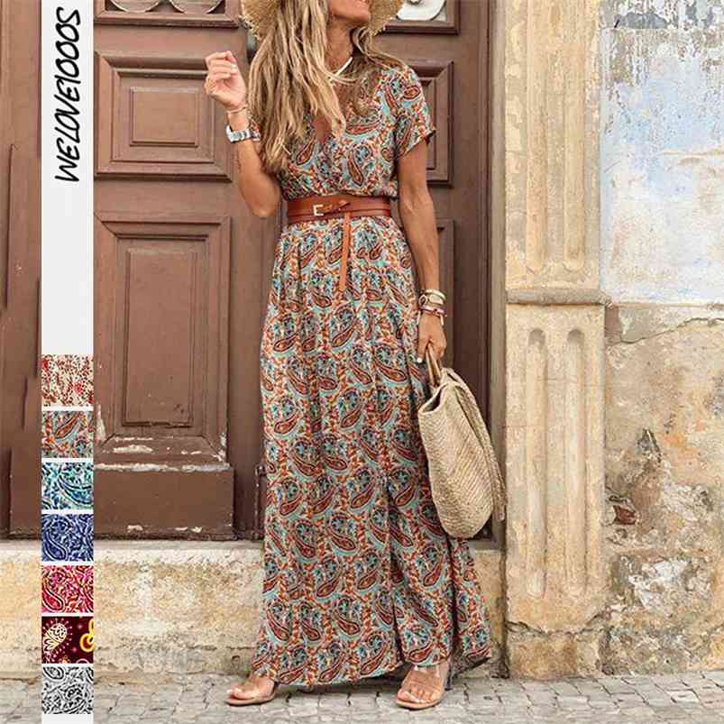 Summer Boho Long Dres Casual 7 Colors Printed V Neck Tunic Party es Female Elegant High Slit Beach Robe 210623