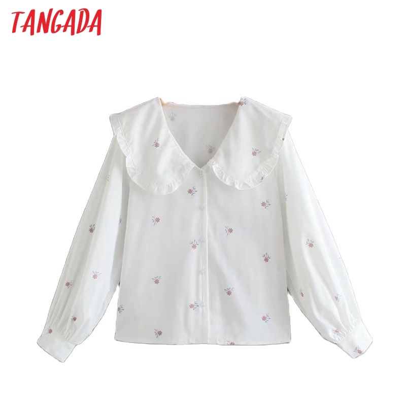 Women Retro Flowers Print Oversize Collar Long Sleeve Chic Female White Blouse Shirt Tops XN291 210416