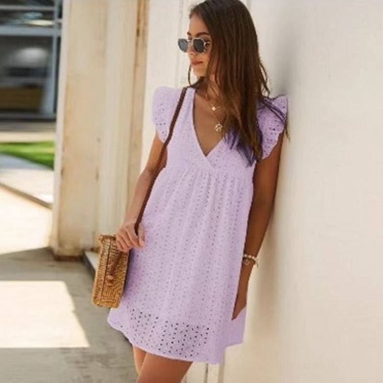 Casual Lace Blue Dress Women V-Neck Sleeveless Knee Loose Cotton Hook Flower Hollow Summer White Boho Mini es Vestido 210522
