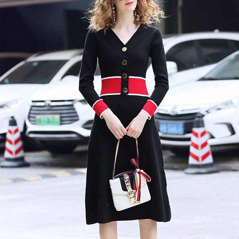 Winter Knitted Sweater Dress Women A-line Patchwork Color V-neck Long Sleeve Midi Elegant Ladies Vestidos 210421