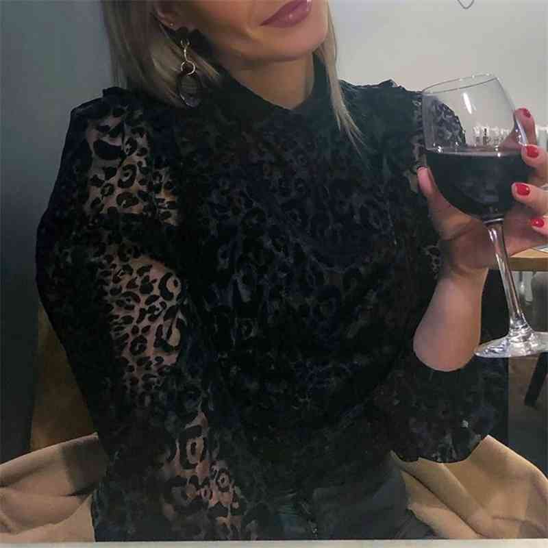Elegant Women Leopard Lace Shirts Fashion Ladies Ruffles Patchwork Tops Streetwear Female Chic Puff Sleeve Blouses 210430