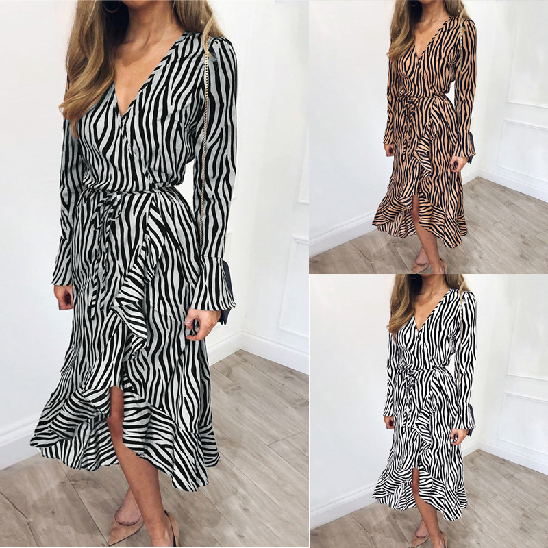 Summer Long Dresses Women Zebra Print Beach Chiffon Dress Casual Long Sleeve V Neck Ruffles Elegant Party Dress Vestidos