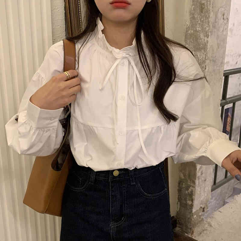 Nomikuma Spring New Women Doll Shirt Causal Ruffle Stand Neck Puff Long Sleeve Blusas Femme Single Breasted Blouses 6E159 210427