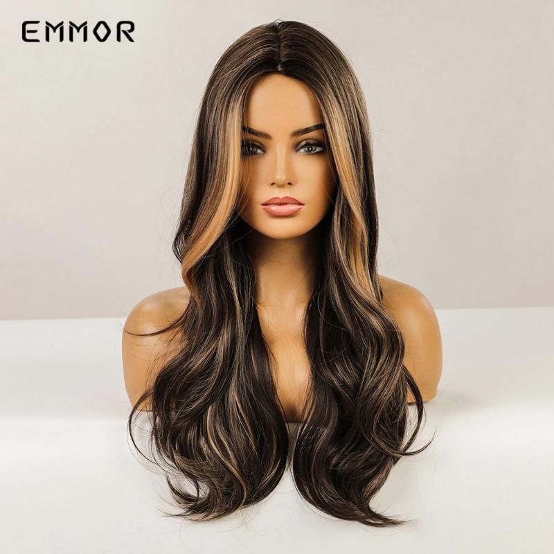 Synthetic Wigs Emmor Natural Long Middle Part Hair Wig Black Brown With Blonde Cosplay Wavy Fashion Heat Resistant For Women