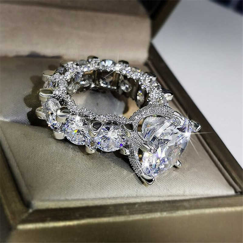 Cocktail Sparkling Luxury Jewelry 925 Sterling Silver Large Round Cut White Topaz CZ Diamond Promise Women Wedding Band Ring