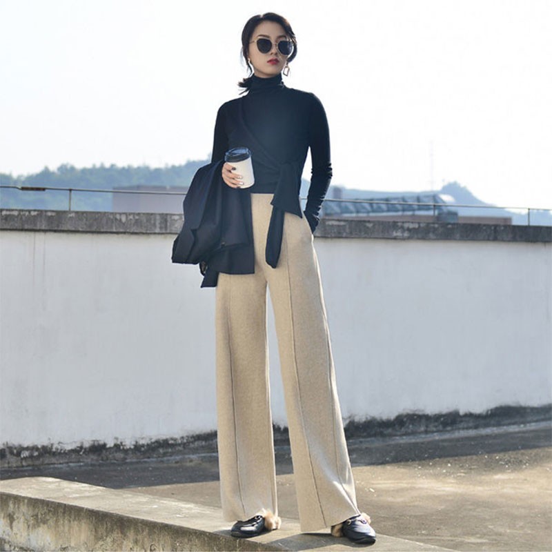 Autumn Winter Korea Fashion Women High Waist Woolen Wide Leg Pants All-matched Casual Solid Loose Femme Trousers V278 210512