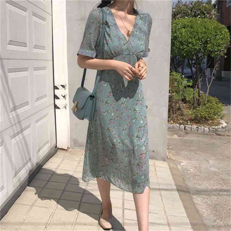 Sexy V neck Girls plus size Summer Boho Party Chiffon Dress print short Sleeve Women Dresses Long Female Robe Vestido 210417Z
