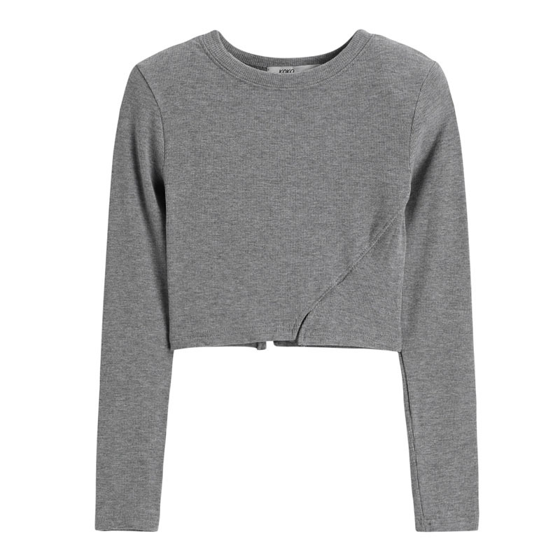 Autumn Grey Long Sleeve T-shirt Female Loose Temperament Crop Top Cotton O-neck Slimming Short Ropa De Mujer 11910 210427