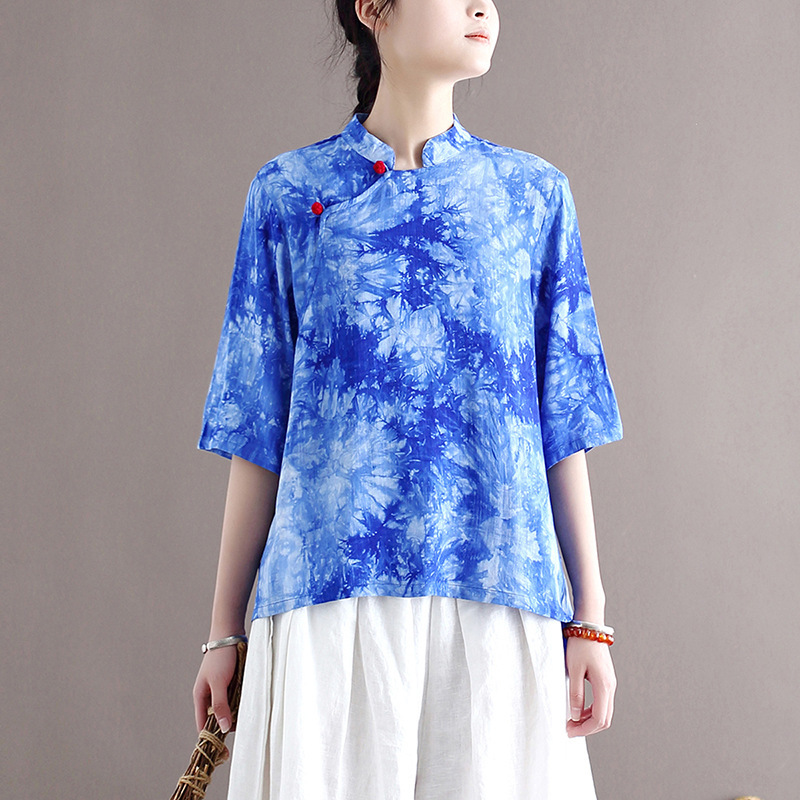 Johnature Women Chinese Style Shirts Tie-dyed Stand Half Sleeve Blouses Summer Blue Button Cotton Soft Female Shirt Top 210521
Johnature Women Chinese Style Shirts Tie-dyed Stand Half Sleeve Blouses Summer Blue Button Cotton Soft Female Shirt Top 210521