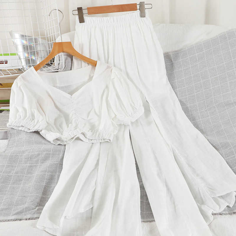 DEAT Women Square Collar Pleated T-shirt Split Long Pants Arrivals Two Piece Set Fashion Spring Summer 11D838 210709