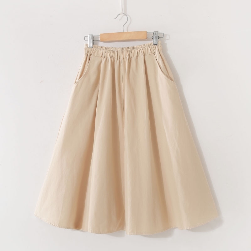 Spring Summer Solid Cotton Elastic High Waist Midi Skirts Femme With Pocket Simple Black Women Korean Skirt 210408