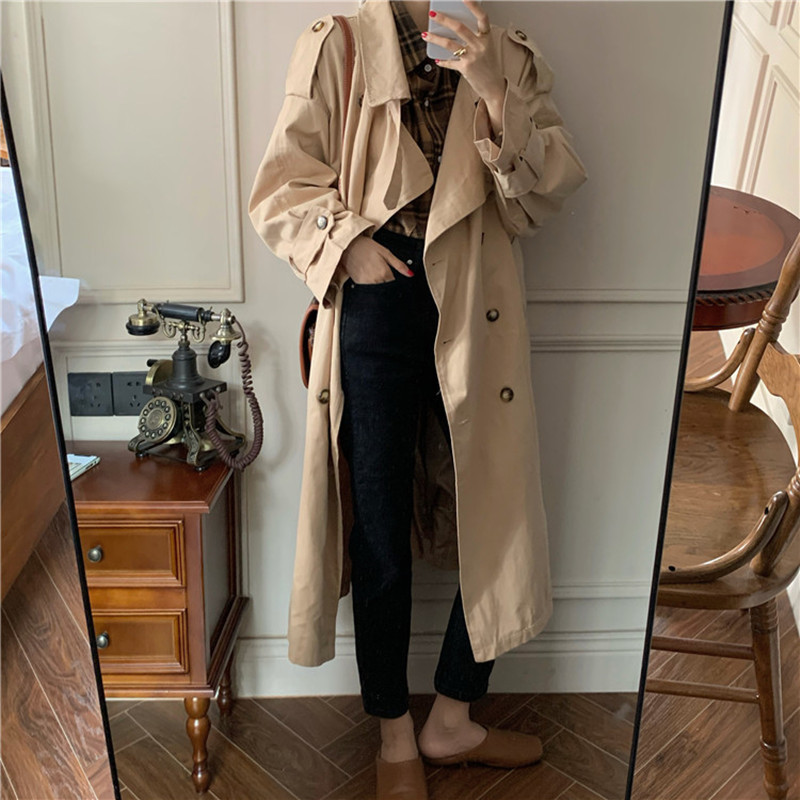 Minimalist Double-breasted Long Trench Coat Elegant OL Overcoat Autumn Solid Work Sleeve Lapel Windbreaker 210421