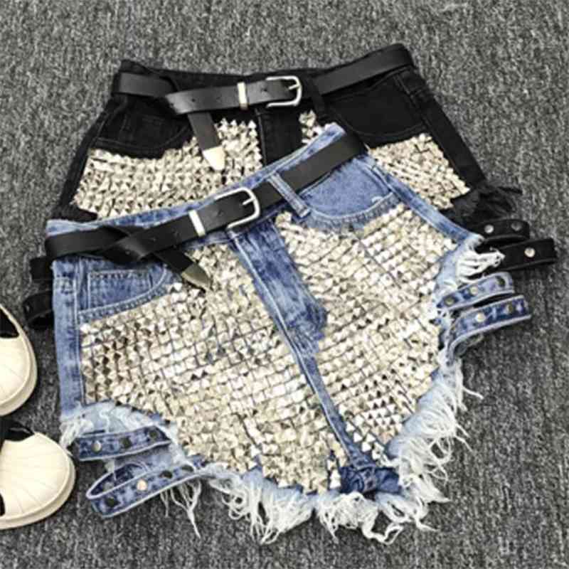 Rivet denim shorts summer spring women high waist loose tassel jeans shorts 210611