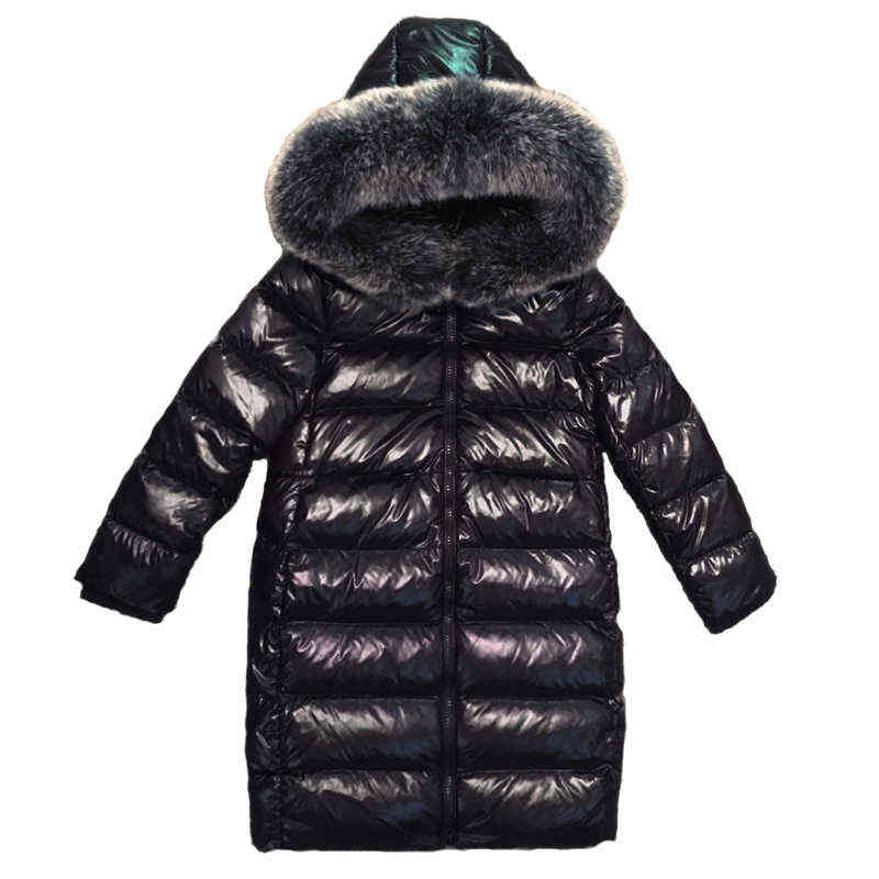 85-150 Cm Girls Boys Winter Shinning Long Down Baby Kids Children Thick Warm Real Fur Hooded Coat Outer Wear 211027
