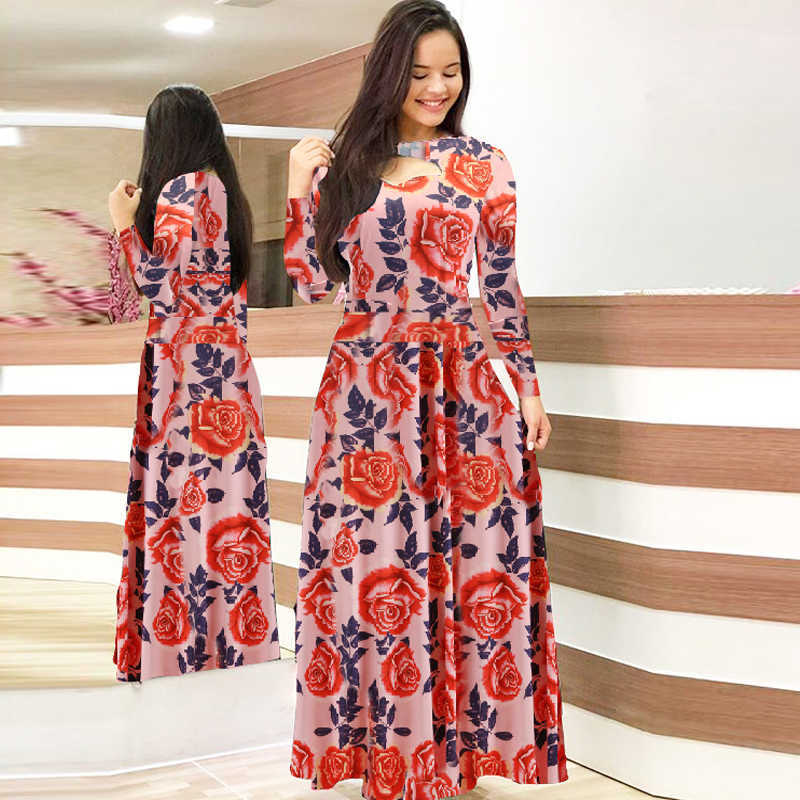 Women Beach Dress Casual Boho Flower Print Maxi es Elegant Long Sleeve Hollow Out Tunic Party Vestidos Plus Size 210526