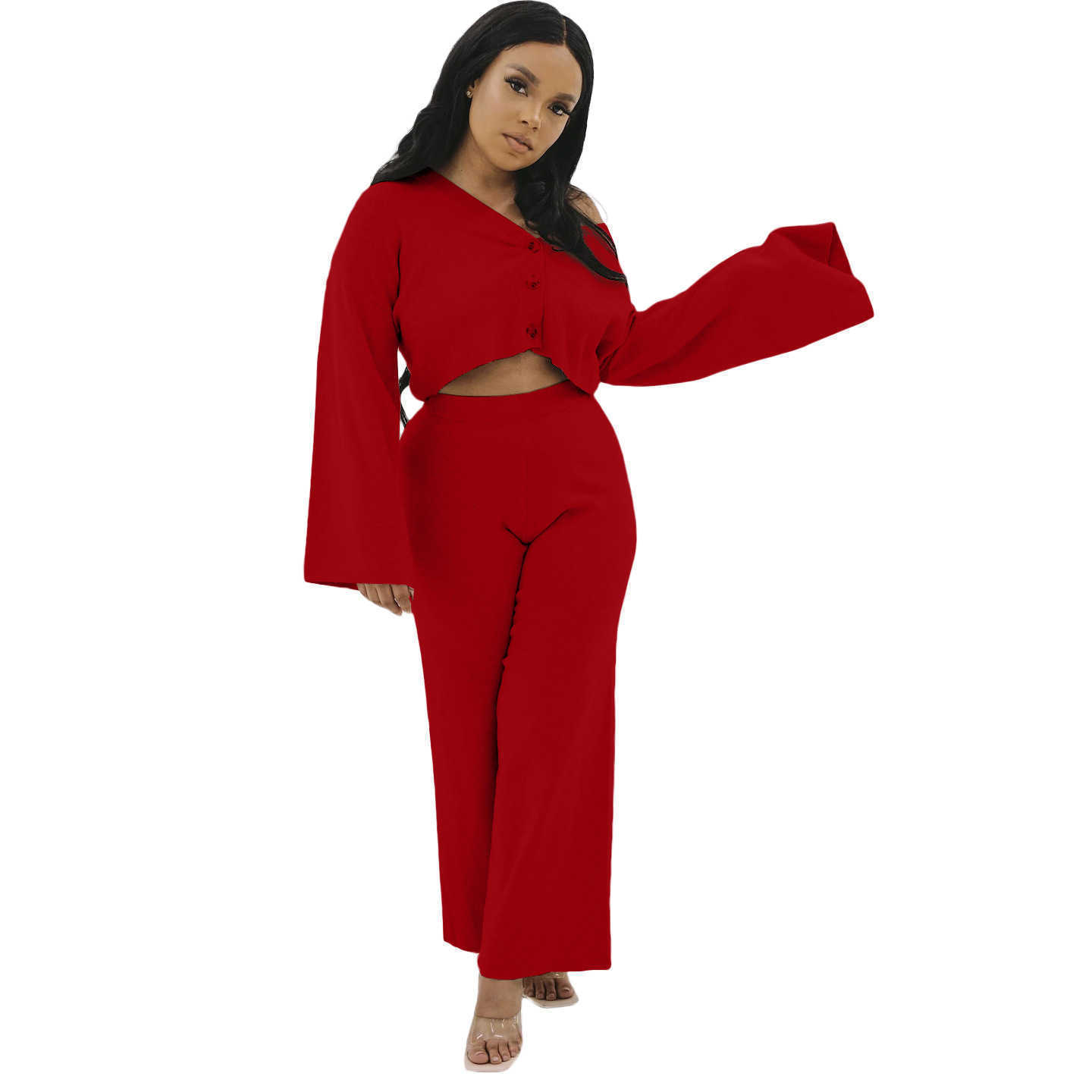 Women's Two Piece Pants women autumn and winter fashion loose two piece set leisure home set wide leg pants loose sleeve set