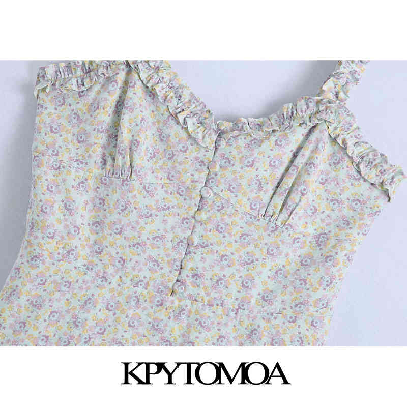 Women Chic Fashion With Buttons Floral Print Mini Dress Back Elastic Ruffled Straps Female Dresses Mujer 210420