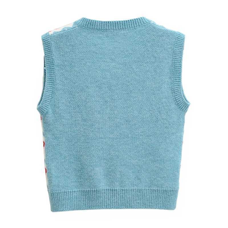 Preppy Style Jacquard Geometric Knitted Sweater Vest Women 90's Vintage Korean Clothing Striped V Neck Tank Top Y2K Knitwear 210819