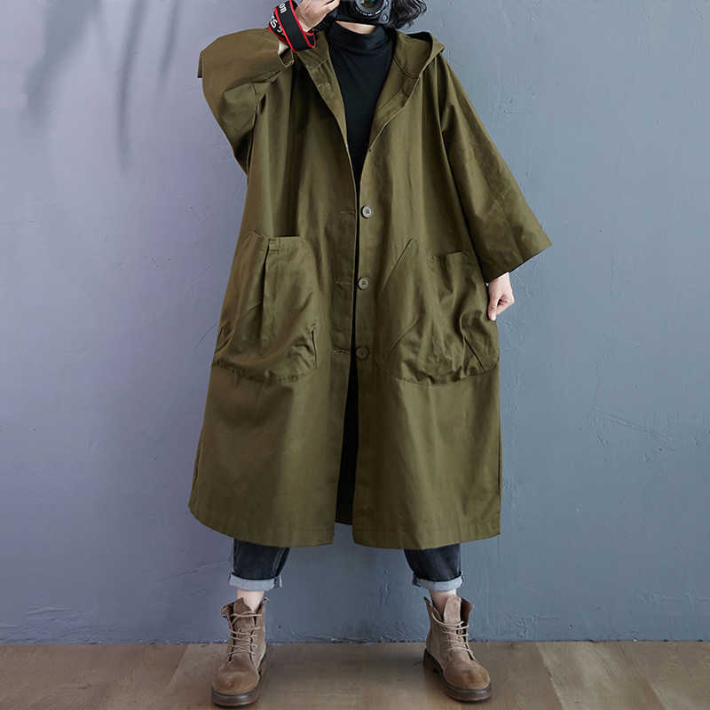 cotton hooded casual loose long autumn spring trench coat for women clothes Outerwear 210820