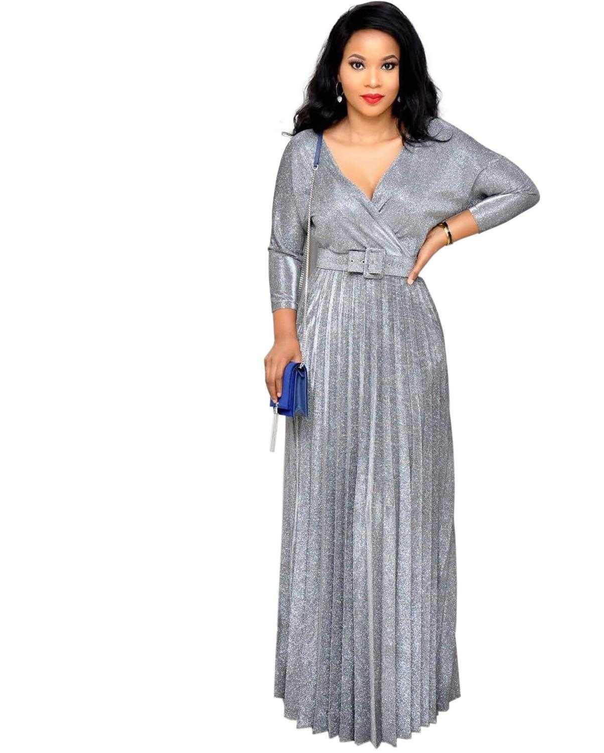 Reflective Long Dresses Women Party Night Sexy V Neck Elegant Belt Glitter Maxi Pink Pleated Dress Vestidos Robe Femme 210630