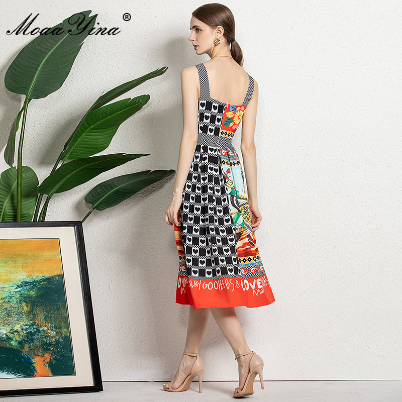 Summer Runway Fashion Spaghetti Strap Dress Women's Jigsaw Flower Print High waist Vintage Party Midi 210524