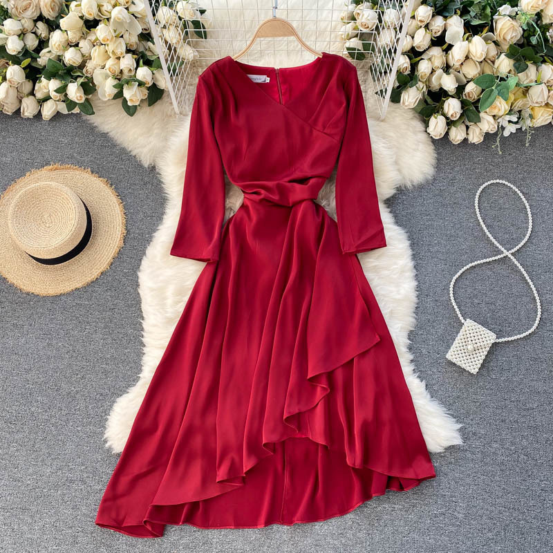 Women Irregular Temperament Waist Swing Long Dress Solid Color Half Sleeve V-neck Fashion Spring Summer 11B158 210525, Red
Women Irregular Temperament Waist Swing Long Dress Solid Color Half Sleeve V-neck Fashion Spring Summer 11B158 210525, Red