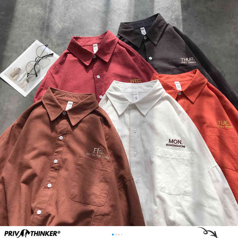Privathinker Men Solid Shirt Long Sleeve Man Korean Fashions Monday Embroidery Shirt Male Streetwear Spring Women Shirts 210410