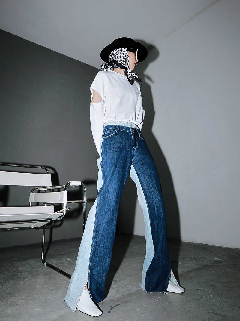 EAM Blue Contrast Color Split Joint Long Wide Leg Jeans High Waist Loose Women Trousers Fashion Spring Autumn 1T276 210922