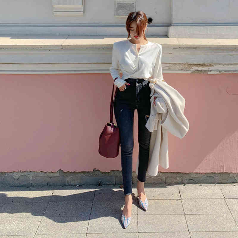 Dark Grey Female Streetwear Ripped Holes Pencil Jeans Women High Waist Skinny Stretch Denim Pants Femme 10398 210417