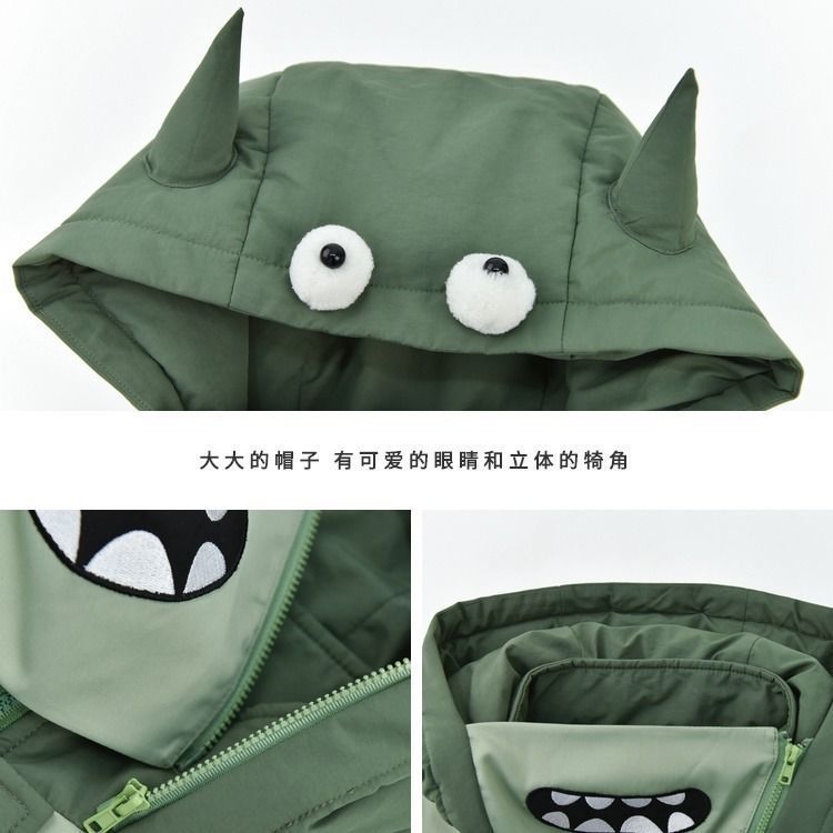 Kawaii Winter Padded Coat Funny Monster Hooded Parkas Harajuku Puffer Jacket Streetwear Bawting Sleeve Parka Jackets 210422