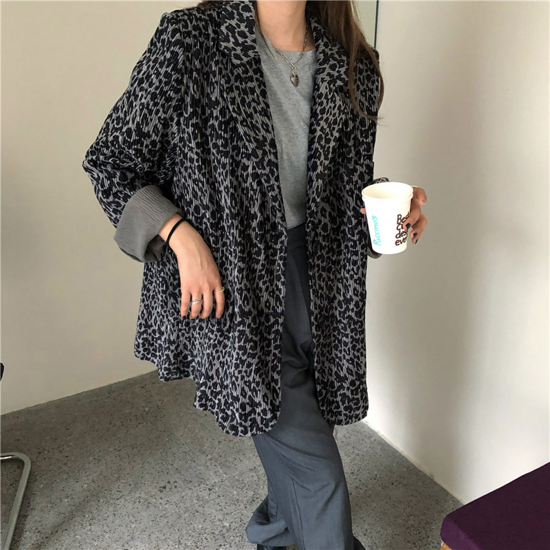 OL Work Wear Fashion Leopard Blazer Women Autumn Elegant Tops Chic Cardigan Loose Thin Suit Jack Female Blazers 210421