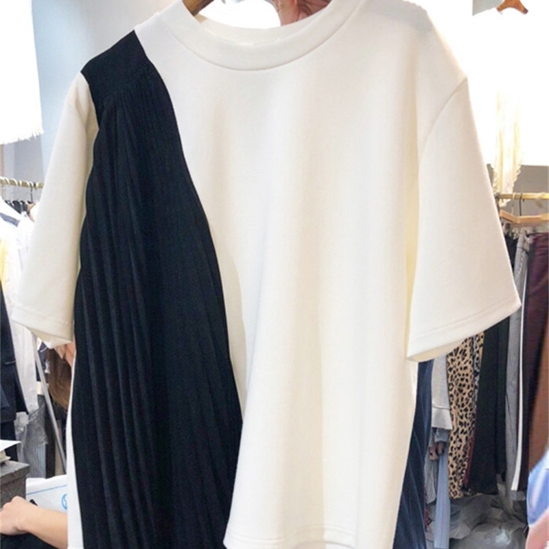 VANOVICH Korea's Spring Summer Women Loose Irregular Stitching Pleated Round Collar T-shirt Women's Top 210615Z