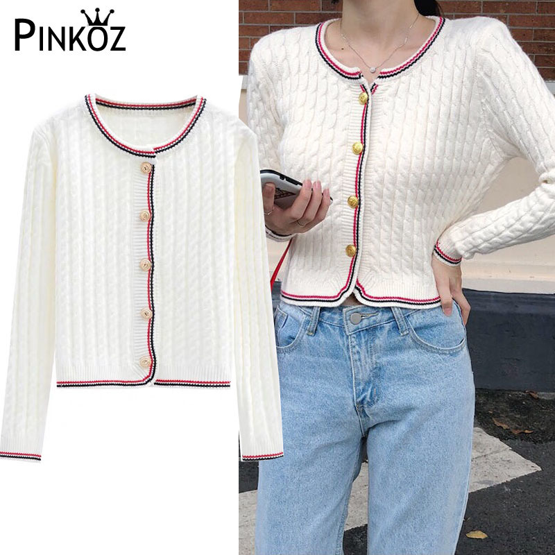 elegant single brested white weed lace knitting cardigan button striped soft girl sweater jacket spring 210421