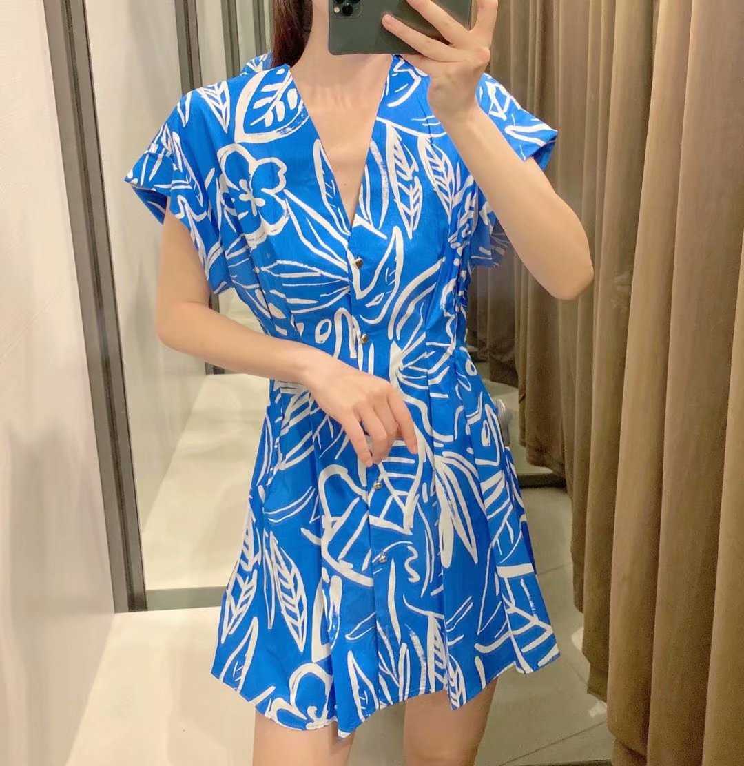 Summer Women Printed Dress V-neck Short Sleeves elegant Casual Fashion Chic Lady Woman Short Sundress 210709