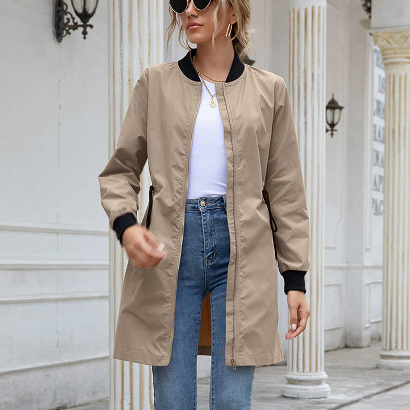 Women Raincoat Outdoor Streetwear Slant Pocket Drawstring Waterproof Mid-length Trench Autumn Long Sleeve Stand Collar Cardigan 210820