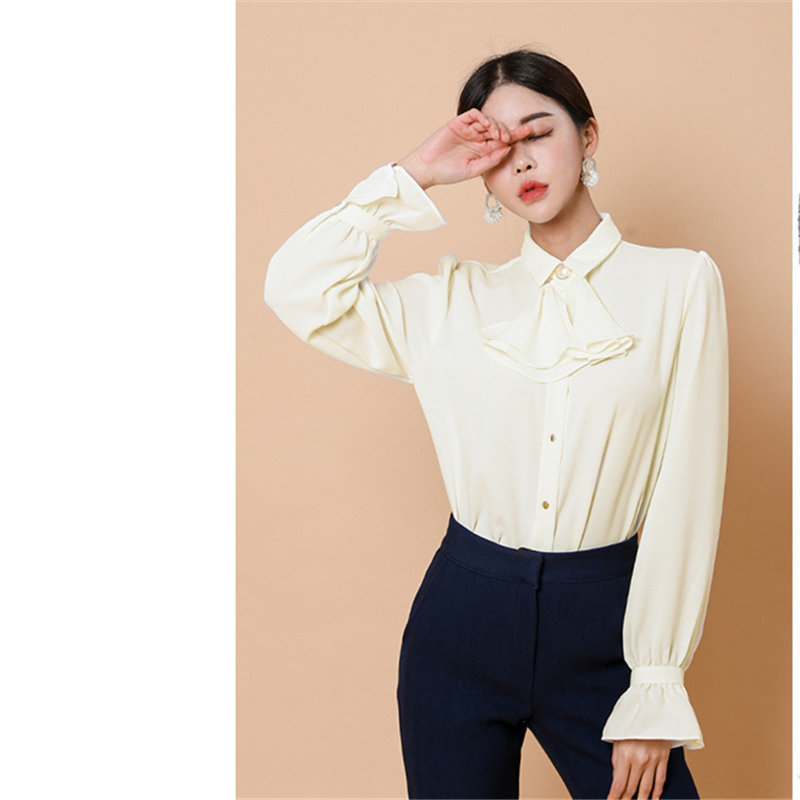 Fashion Apricot Women Formal Plus Size Blouse Elegance Flare Sleeved Bow OL Shirt Solid Office Lady Basic Tops 210421