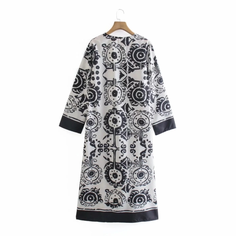 Summer Women Placement Print Midi Dress Female V Neck Long Sleeve Clothes Casual Lady Loose Vestido D7717 210430