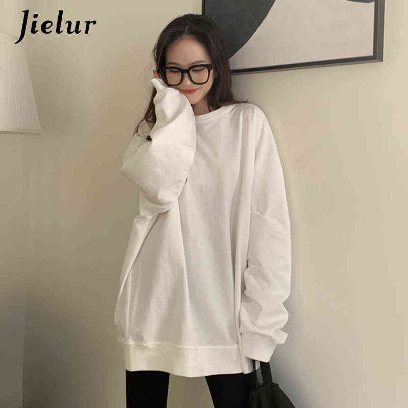 Jielur Harajuku BF Solid Color Women Sweatshirt Loose Casual Green Black White Girls Hoodies O-neck M-XXL Pullovers Female 211109