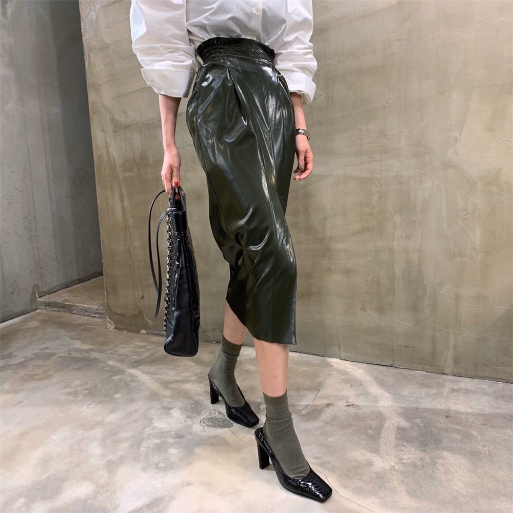 Black Solid Sexy Formal PU Leather Elegant Long Skirt Women Autumn Spring High Waist Office Ladies Pencil Skirts 210421